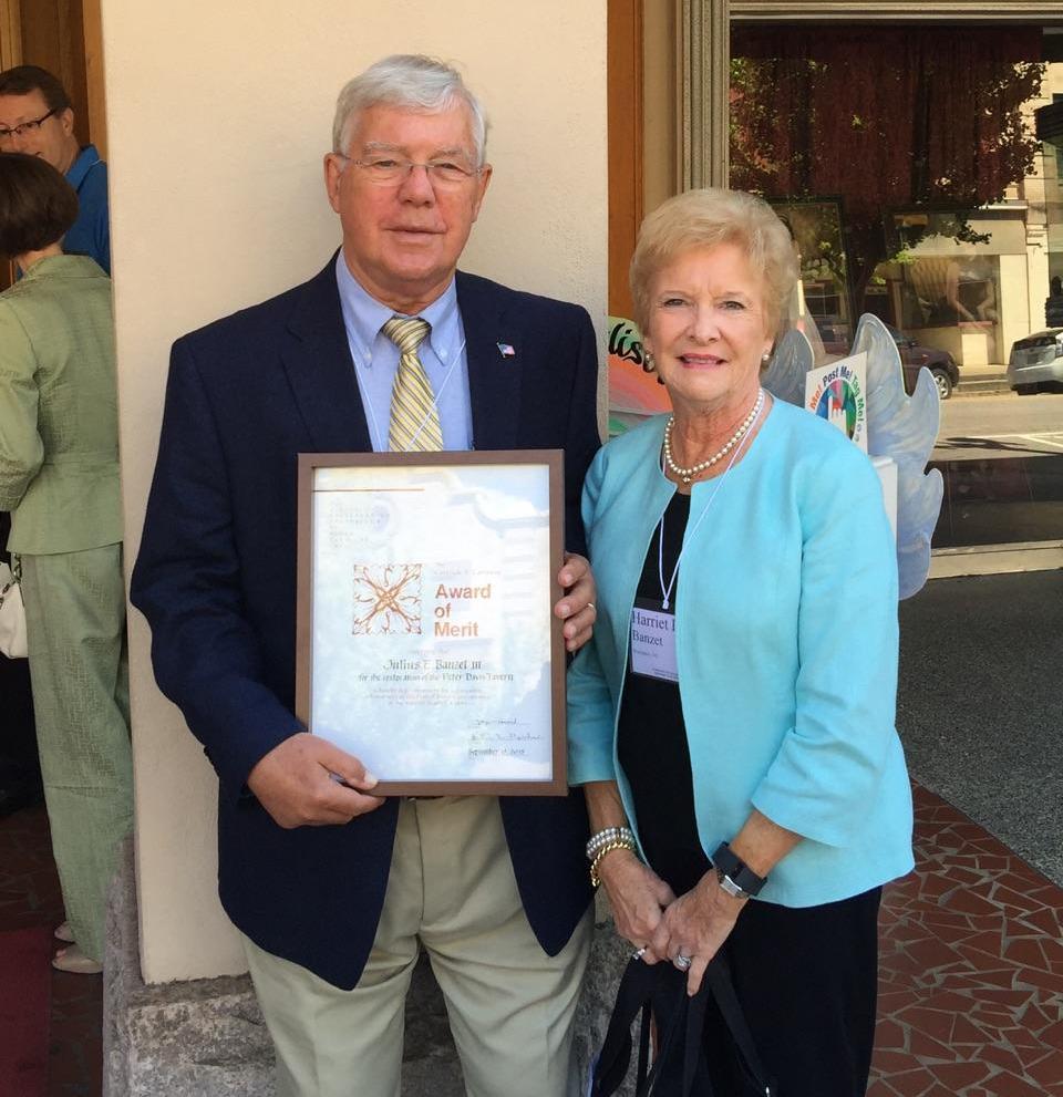 Jules Banzet is pictured with his wife, Harriet, after receiving the 2015 Gertrude S. Carraway Award of Merit in recognition of his historic preservation work.


